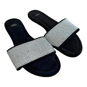 Victoria's Secret Velvet Black Silver Bling Glitter Slides Sandals Size M 7/8